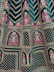 Glamorous Teal Blue Embroidered Velvet Bridal Wear Lehenga Choli