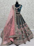 Glamorous Teal Blue Embroidered Velvet Bridal Wear Lehenga Choli