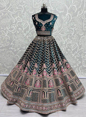 Glamorous Teal Blue Embroidered Velvet Bridal Wear Lehenga Choli