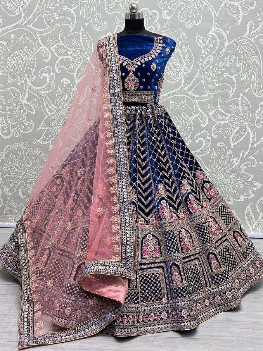 Bewitching Blue Multi-Thread Work Velvet Bridal Wear Lehenga Choli