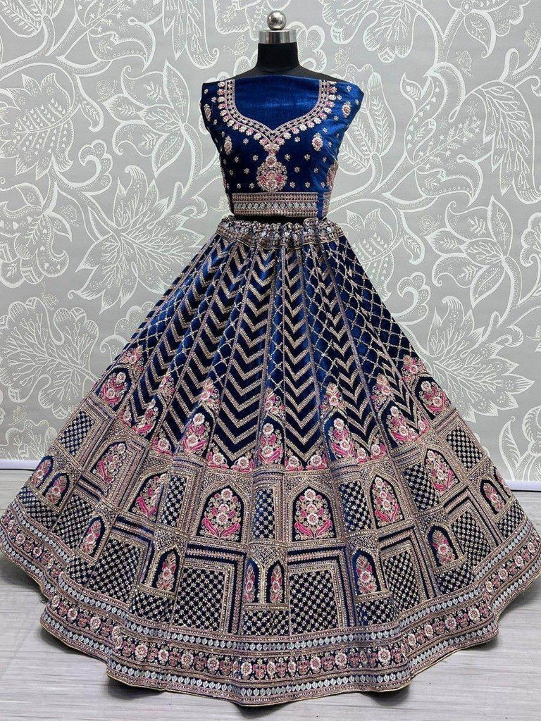 Bewitching Blue Multi-Thread Work Velvet Bridal Wear Lehenga Choli