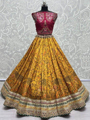 Spectacular Yellow Floral Printed Silk Haldi Wear Lehenga Choli