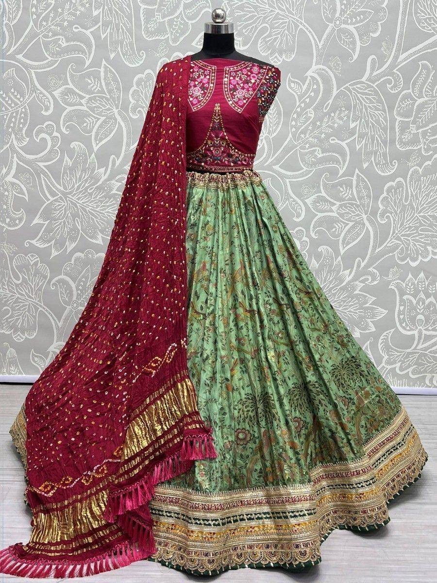 Green floral lehenga with maroon embroidered blouse and dupatta, Indian ethnic wear