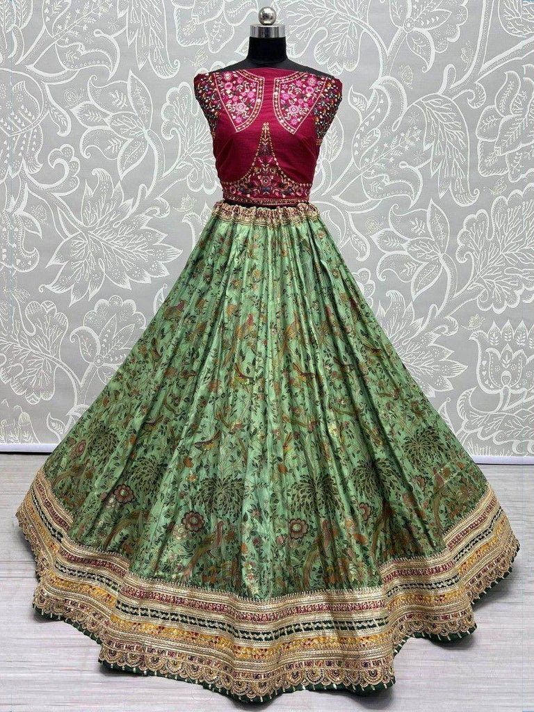 Stunning Light Green Floral Printed Silk Mehendi Wear Lehenga Choli