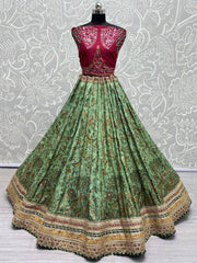 Stunning Light Green Floral Printed Silk Mehendi Wear Lehenga Choli