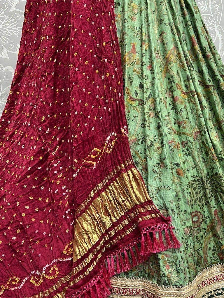 Stunning Light Green Floral Printed Silk Mehendi Wear Lehenga Choli