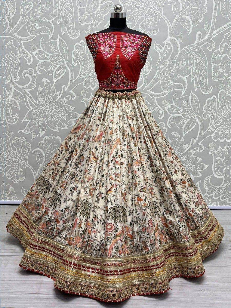 Gorgeous Off-White Floral Printed Silk Traditional Lehenga Choli