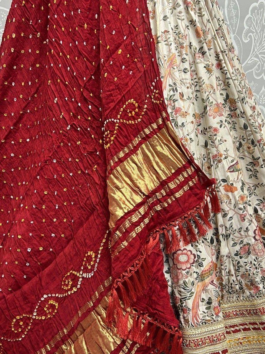 Red embroidered dupatta with gold border and floral print saree, Indian ethnic wear