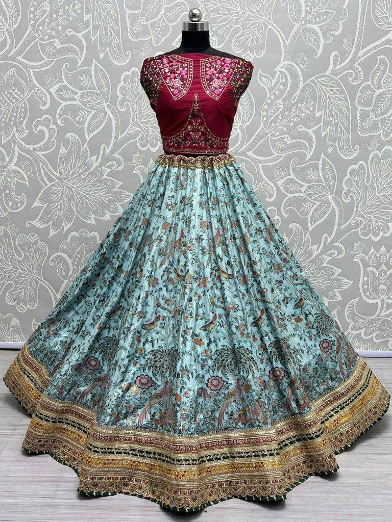 Attractive Sky-Blue Floral Printed Silk Lehenga Choli With Dupatta