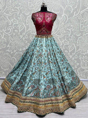 Attractive Sky-Blue Floral Printed Silk Lehenga Choli With Dupatta