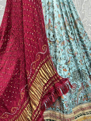 Attractive Sky-Blue Floral Printed Silk Lehenga Choli With Dupatta