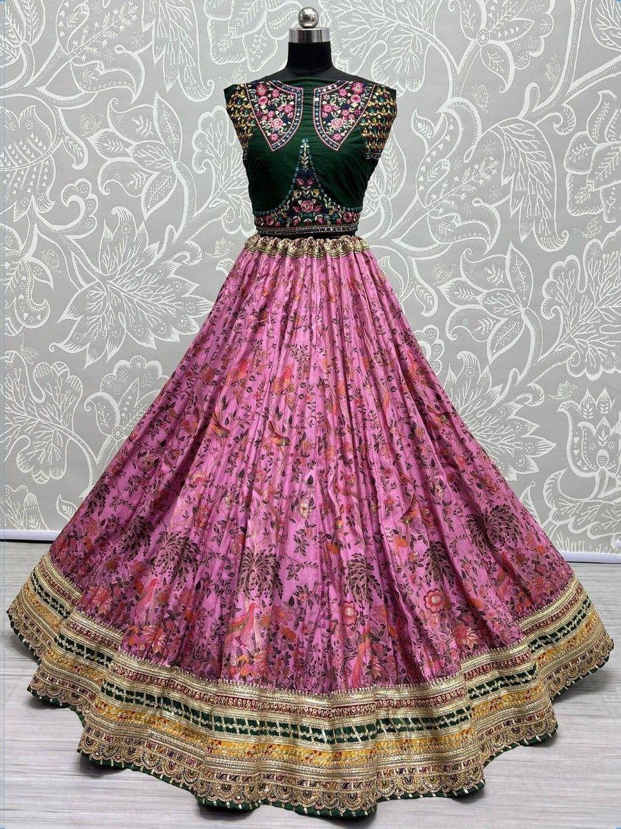 Pink floral lehenga choli with green embroidered blouse, perfect for Indian ethnic wear occasions