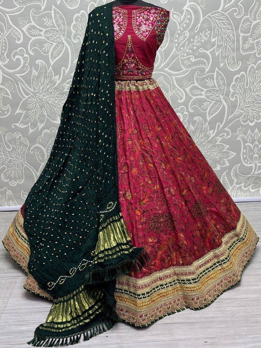 Maroon embroidered lehenga choli with green dupatta, floral print skirt, gold border, festive Indian ethnic wear