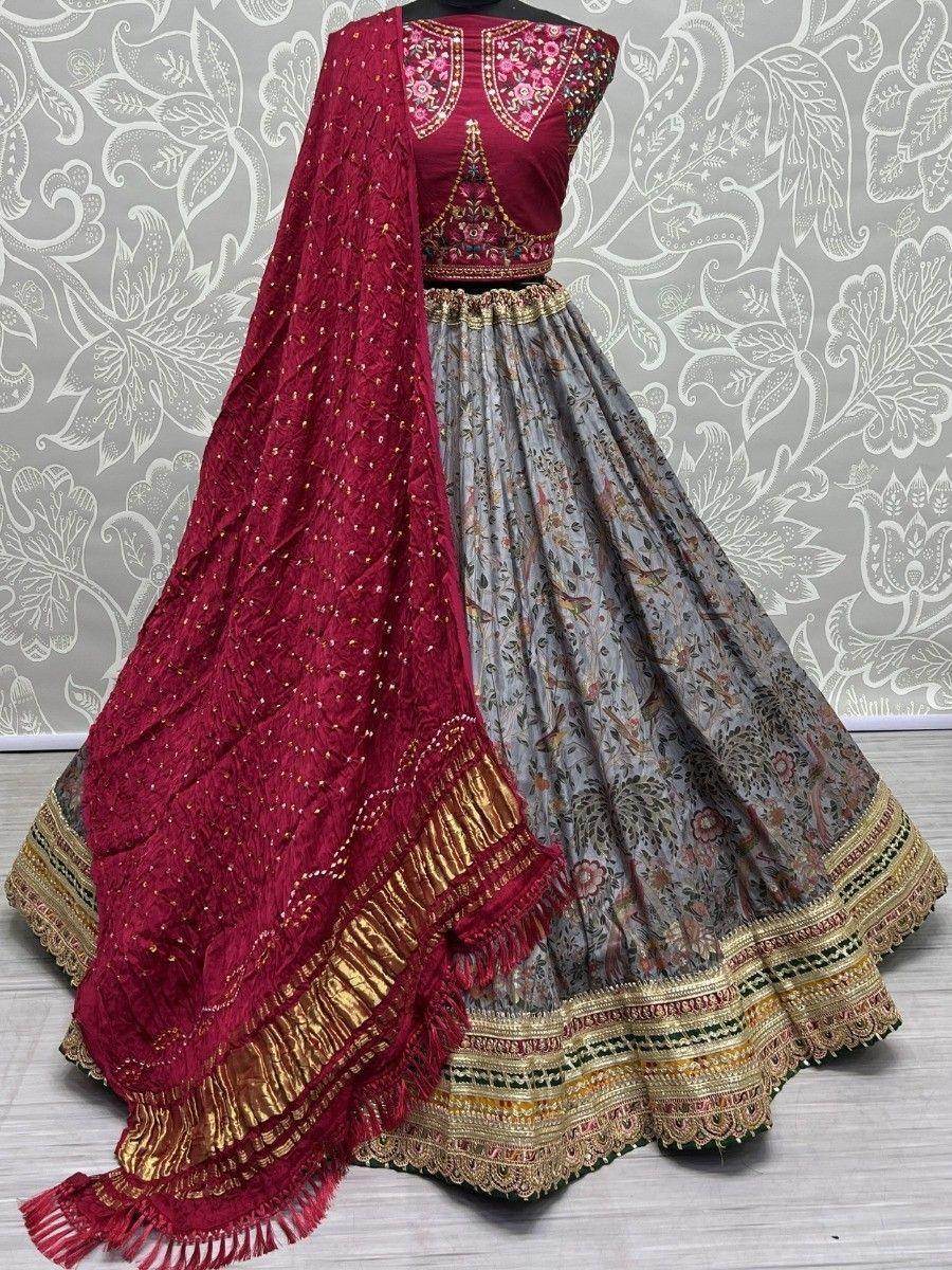 Astonishing Grey Floral Printed Silk Festival Wear Lehenga Choli