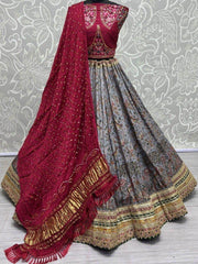 Astonishing Grey Floral Printed Silk Festival Wear Lehenga Choli