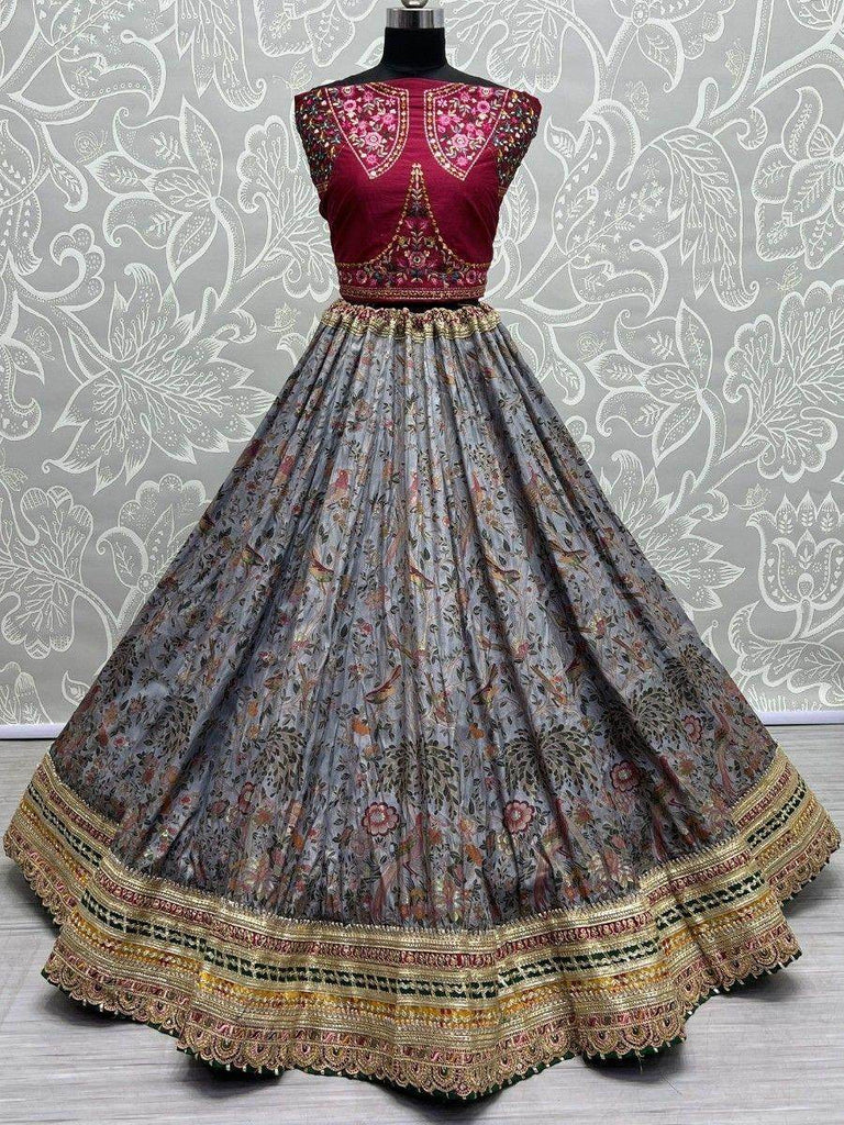 Astonishing Grey Floral Printed Silk Festival Wear Lehenga Choli