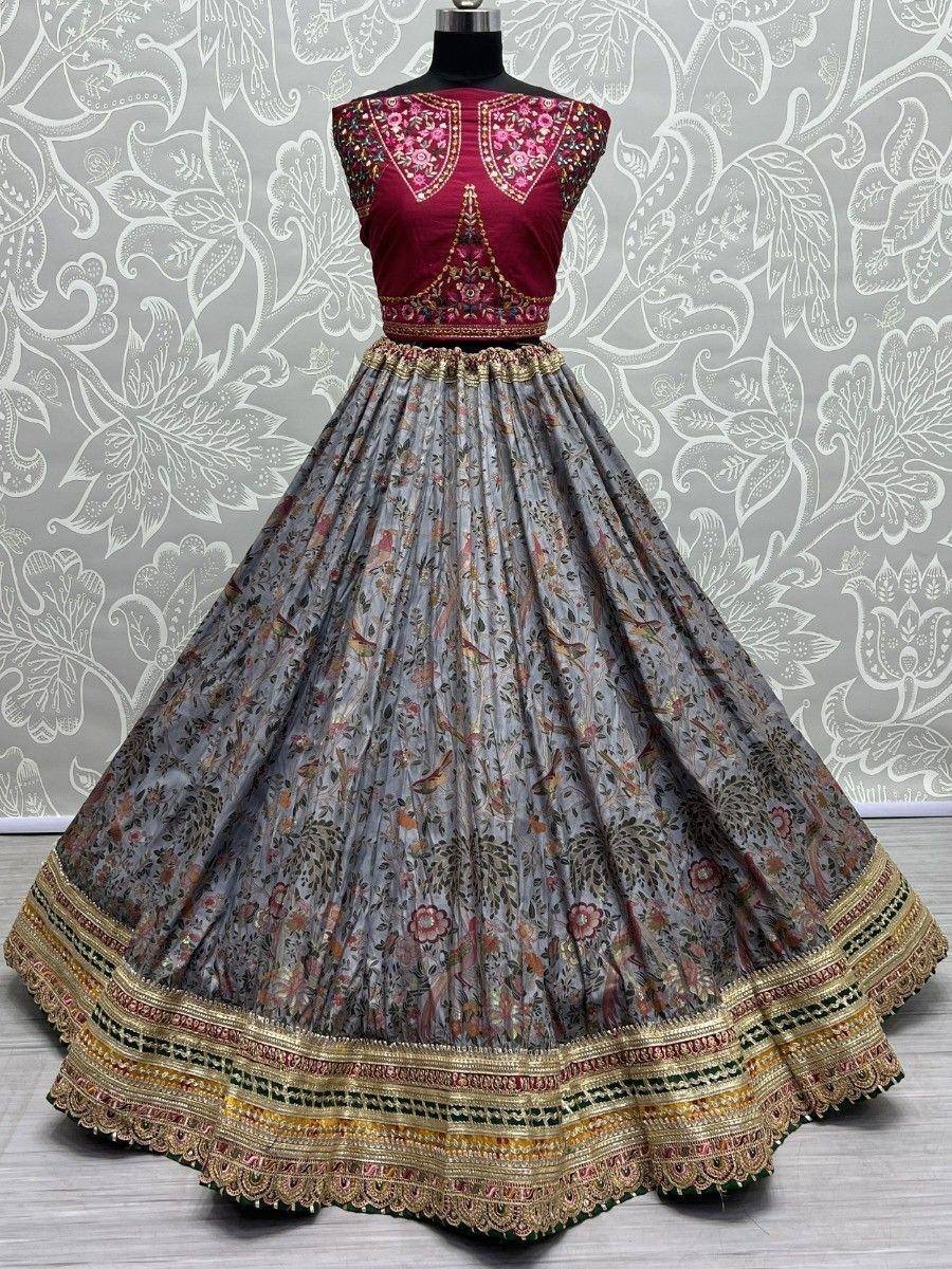 Maroon embroidered blouse with grey floral lehenga, Indian ethnic wear for women