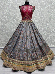 Astonishing Grey Floral Printed Silk Festival Wear Lehenga Choli