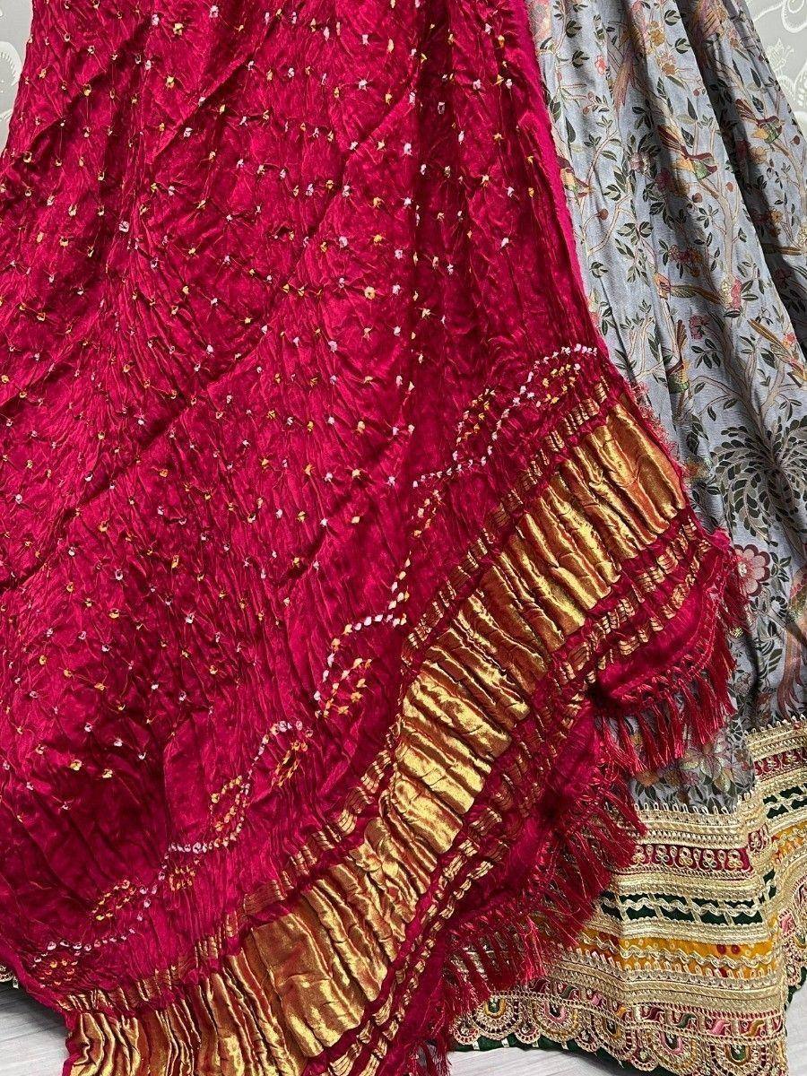 Red velvet lehenga with gold embroidery and floral print saree, ethnic Indian wear
