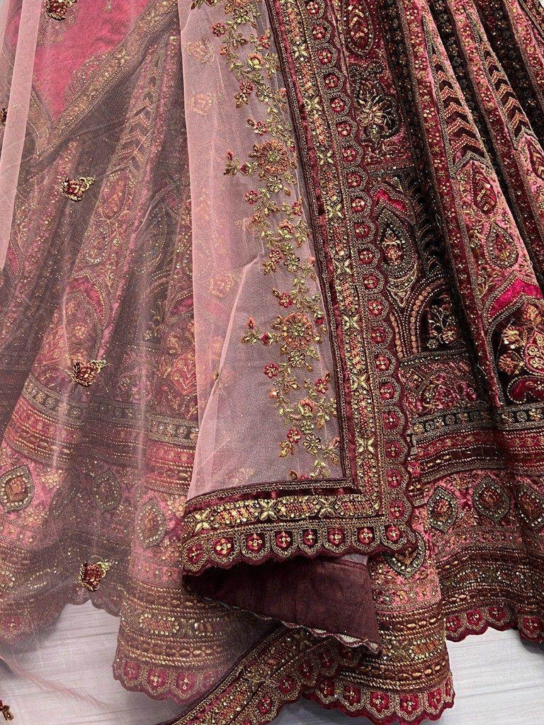 Sweet Pink Dori Work Velvet Bridal Lehenga Choli With Double Dupatta
