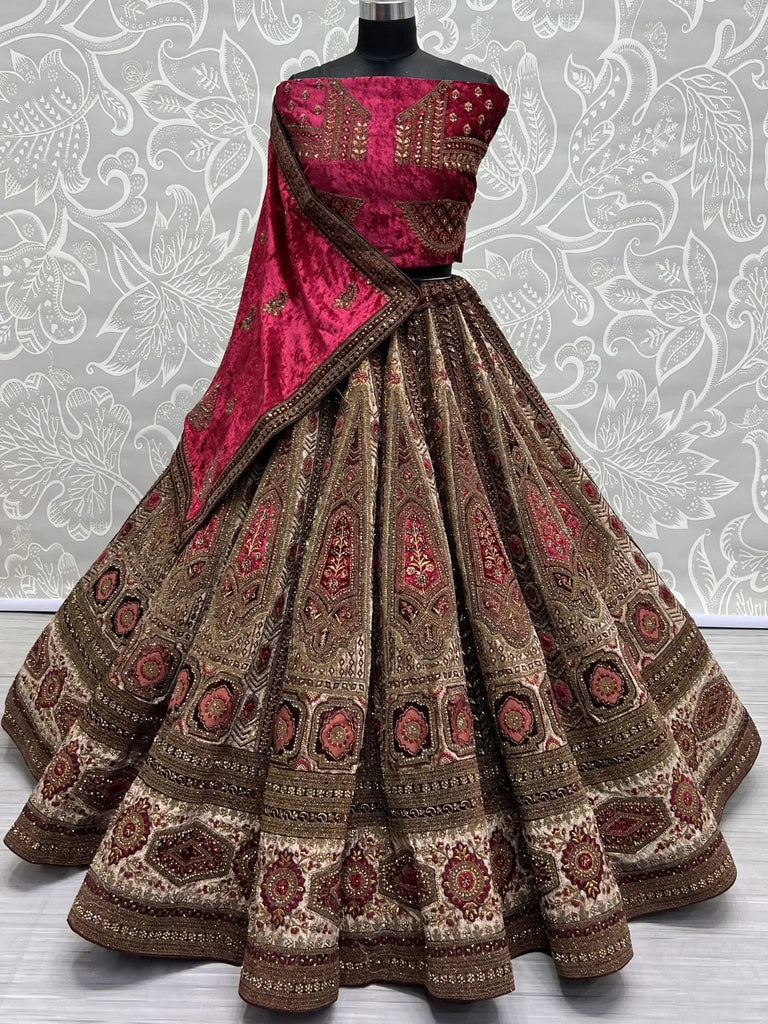 Amazing Maroon Embroidered Velvet Lehenga Choli With Double Dupatta