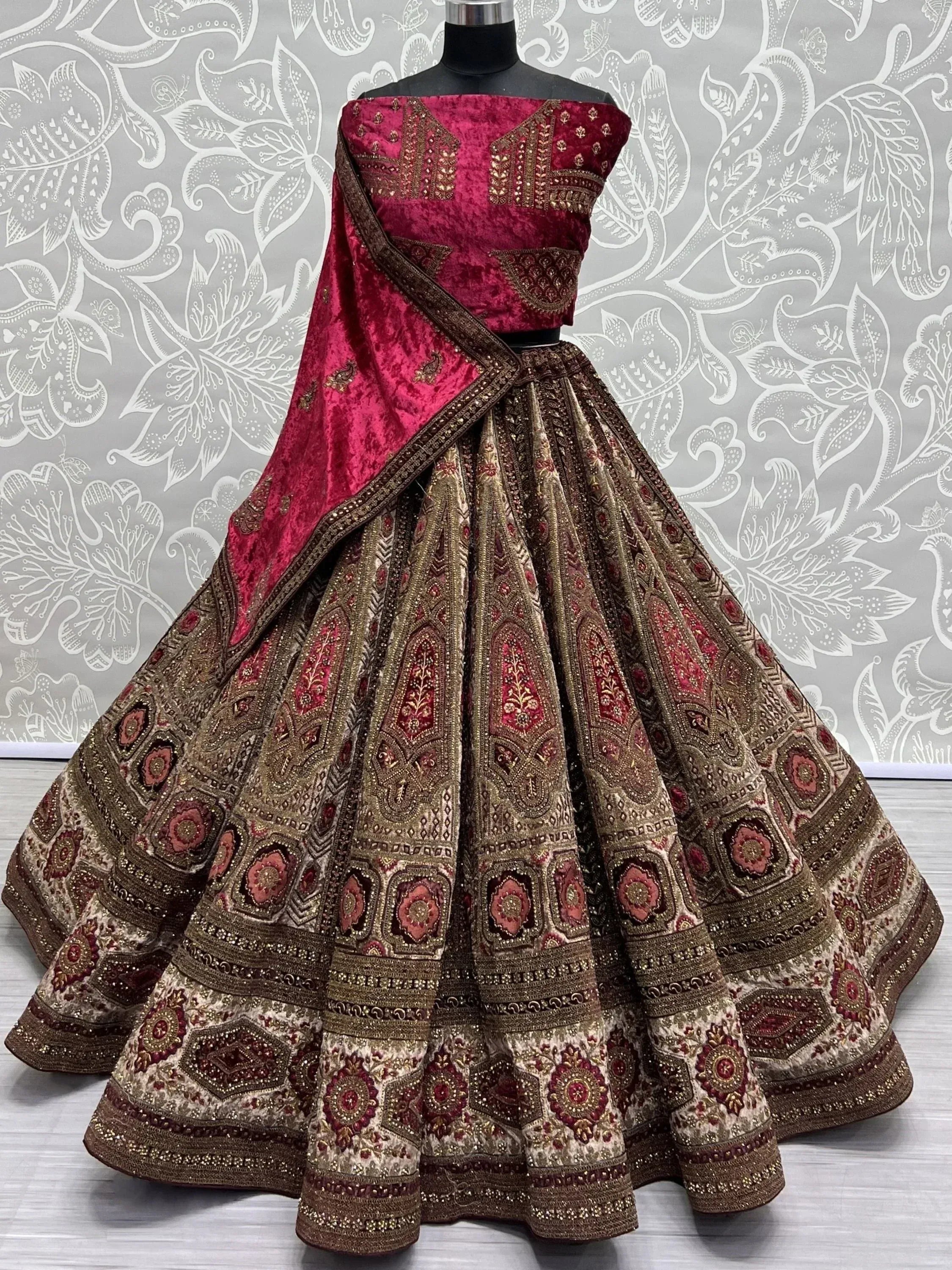Designer lehenga choli with velvet top and embroidered skirt, Indian ethnic wear