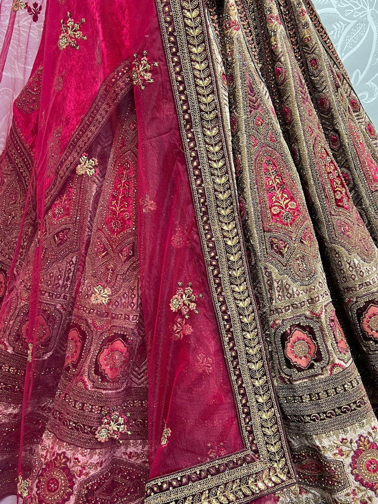 Amazing Maroon Embroidered Velvet Lehenga Choli With Double Dupatta