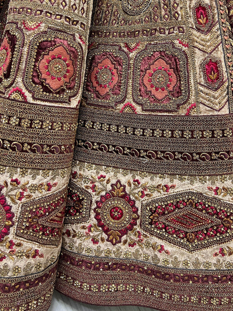 Amazing Maroon Embroidered Velvet Lehenga Choli With Double Dupatta