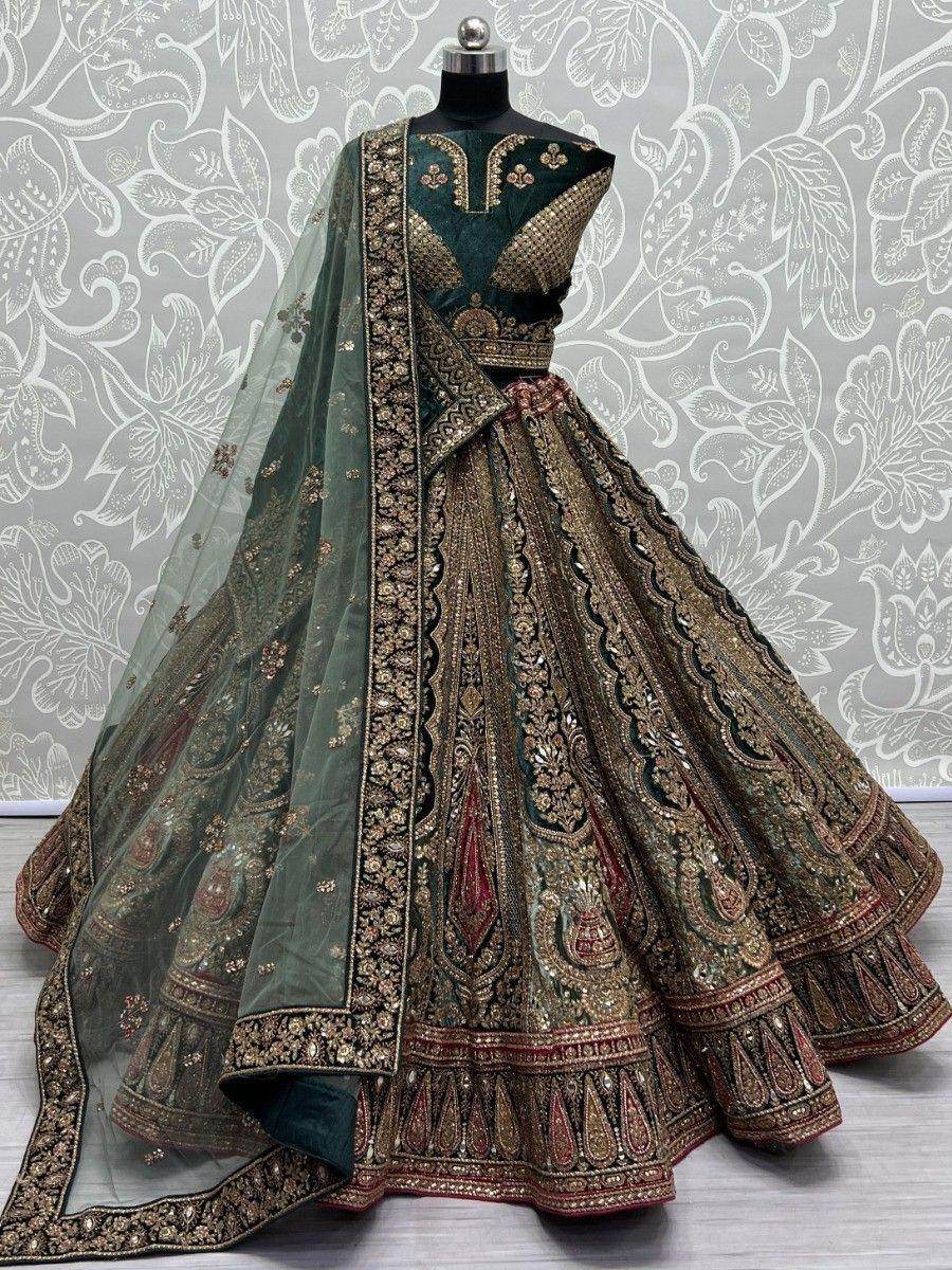 Beautiful Green Thread Work Velvet Lehenga Choli With Double Dupatta