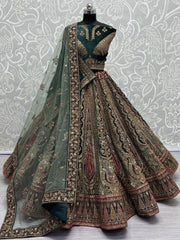 Beautiful Green Thread Work Velvet Lehenga Choli With Double Dupatta