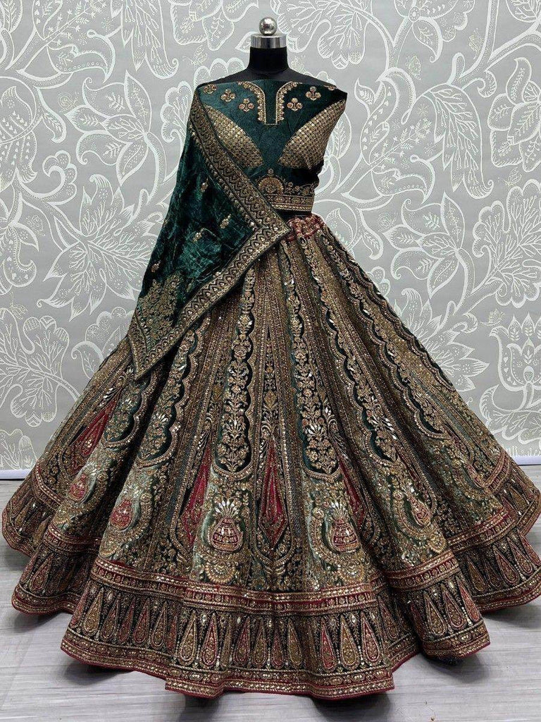 Beautiful Green Thread Work Velvet Lehenga Choli With Double Dupatta