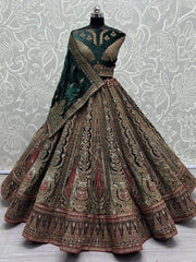 Beautiful Green Thread Work Velvet Lehenga Choli With Double Dupatta