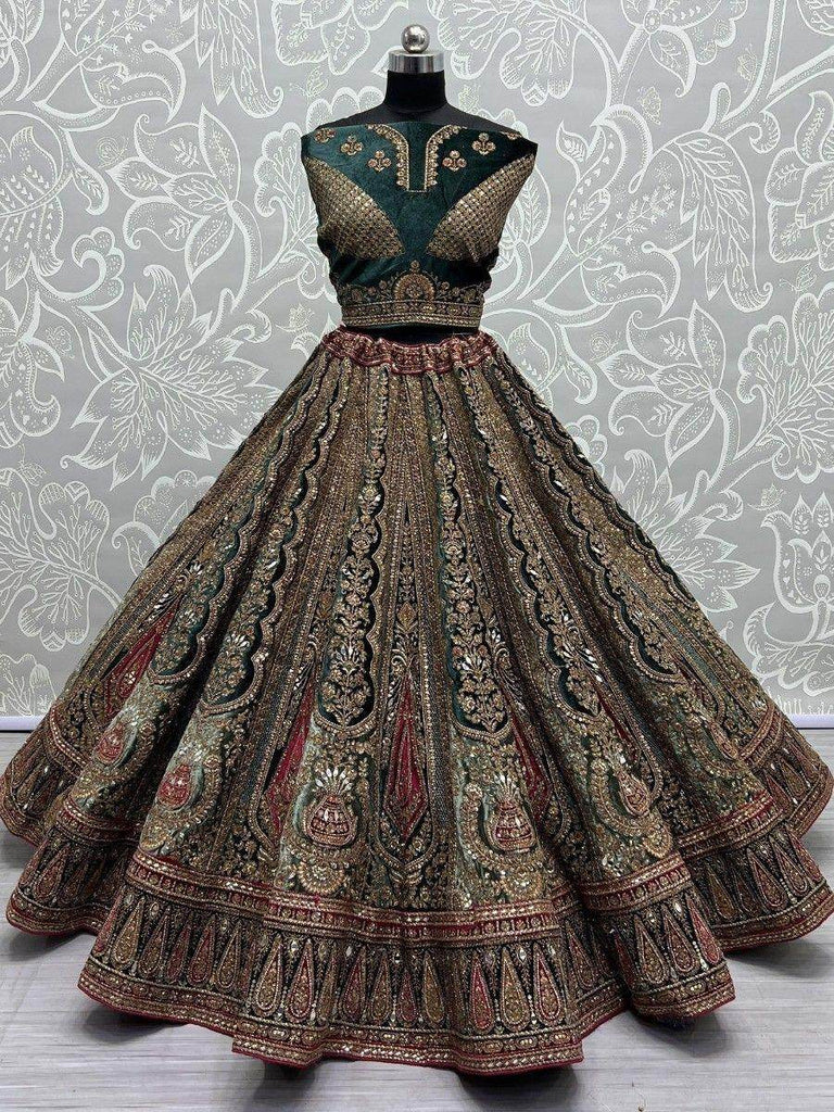 Beautiful Green Thread Work Velvet Lehenga Choli With Double Dupatta