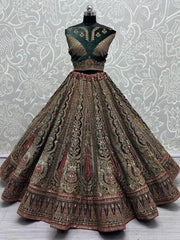 Beautiful Green Thread Work Velvet Lehenga Choli With Double Dupatta