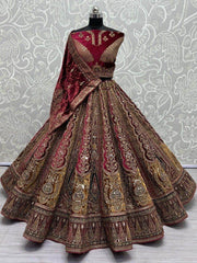 Lovely Maroon Embroidered Velvet Lehenga Choli With Double Dupatta
