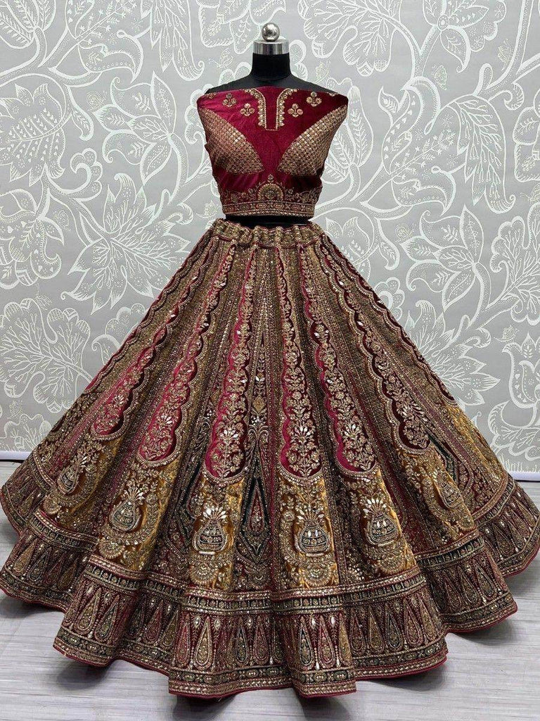 Lovely Maroon Embroidered Velvet Lehenga Choli With Double Dupatta