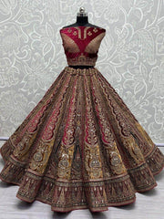 Lovely Maroon Embroidered Velvet Lehenga Choli With Double Dupatta