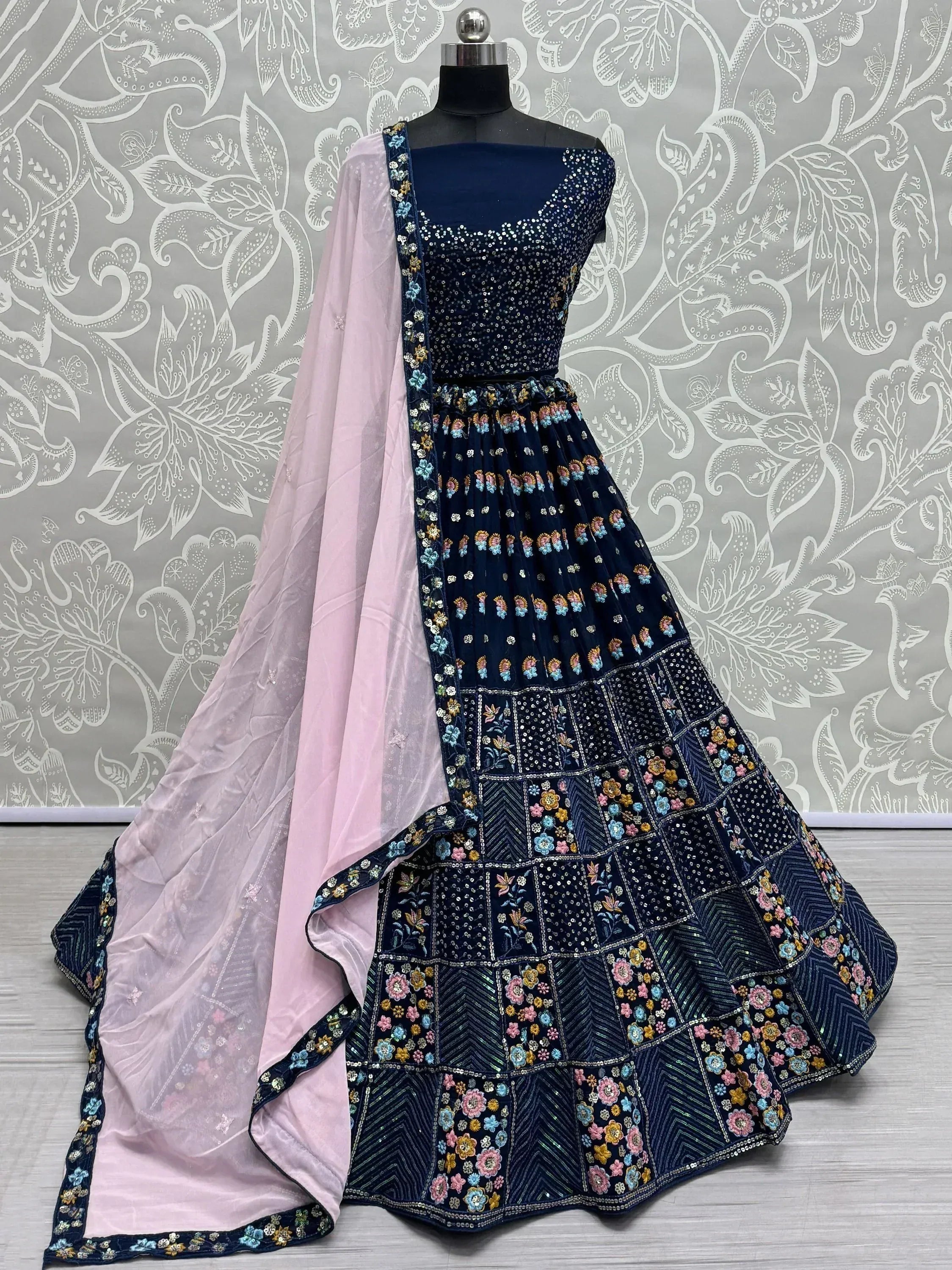 Navy blue embroidered lehenga choli with pink dupatta, floral sequin work, Indian ethnic wear