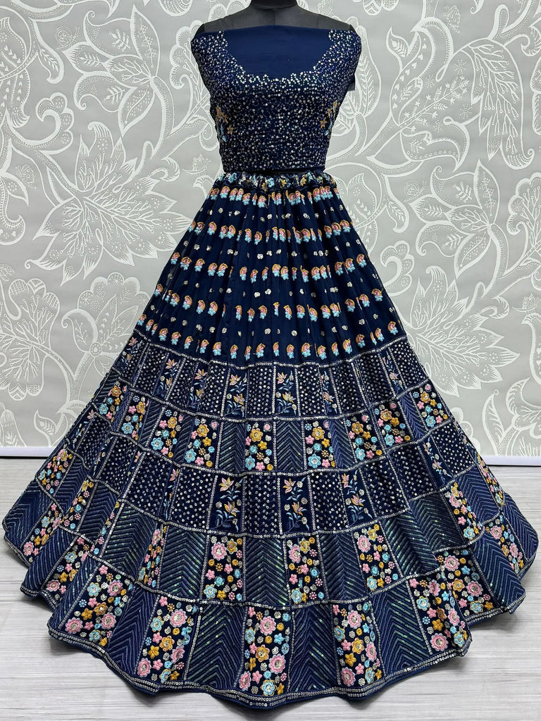 Marvelous Navy Blue Thread Work Georgette Lehenga Choli With Dupatta