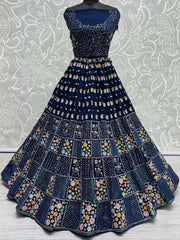 Marvelous Navy Blue Thread Work Georgette Lehenga Choli With Dupatta