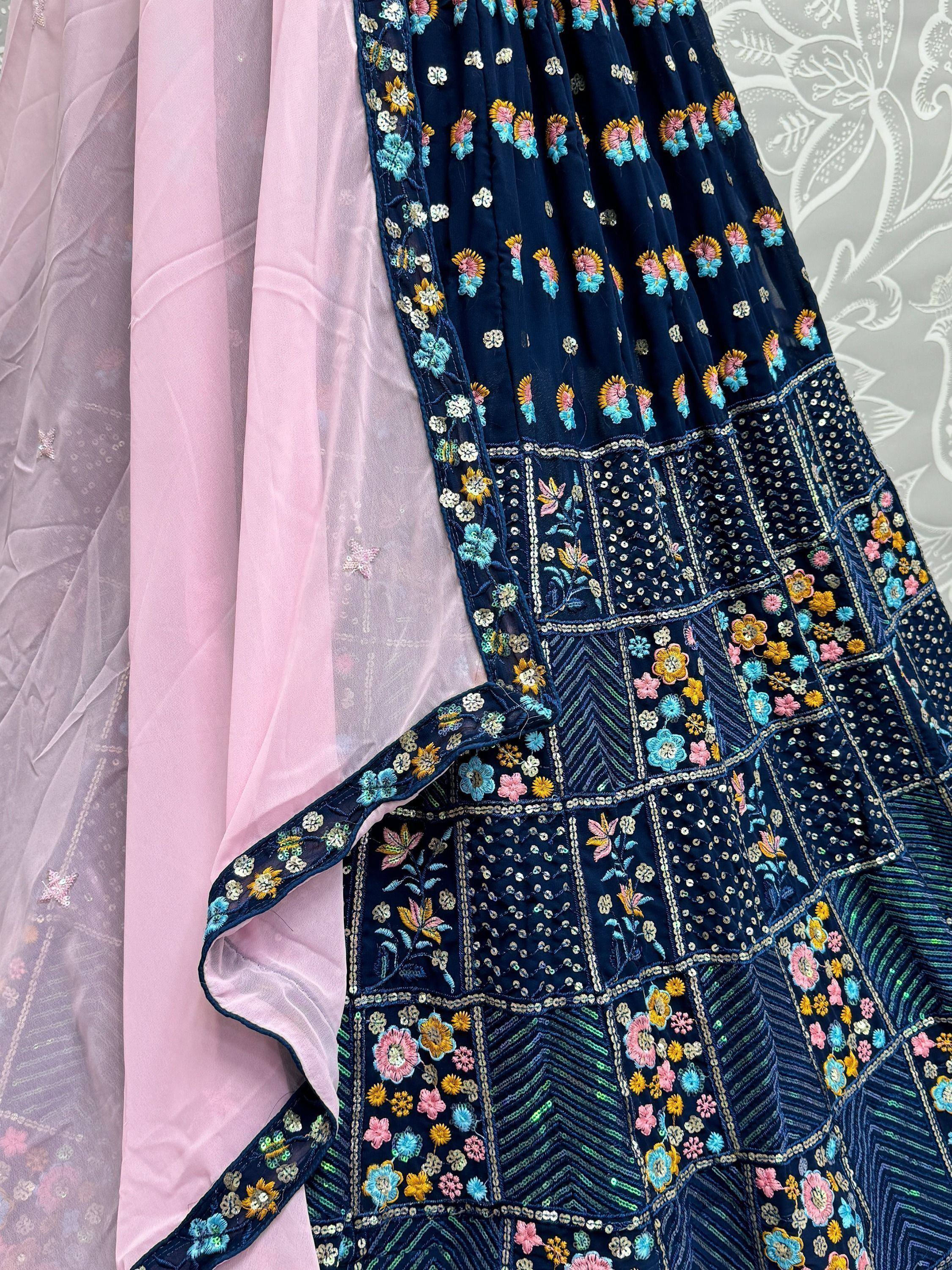 Navy blue embroidered lehenga with floral motifs and pink dupatta, Indian ethnic wear