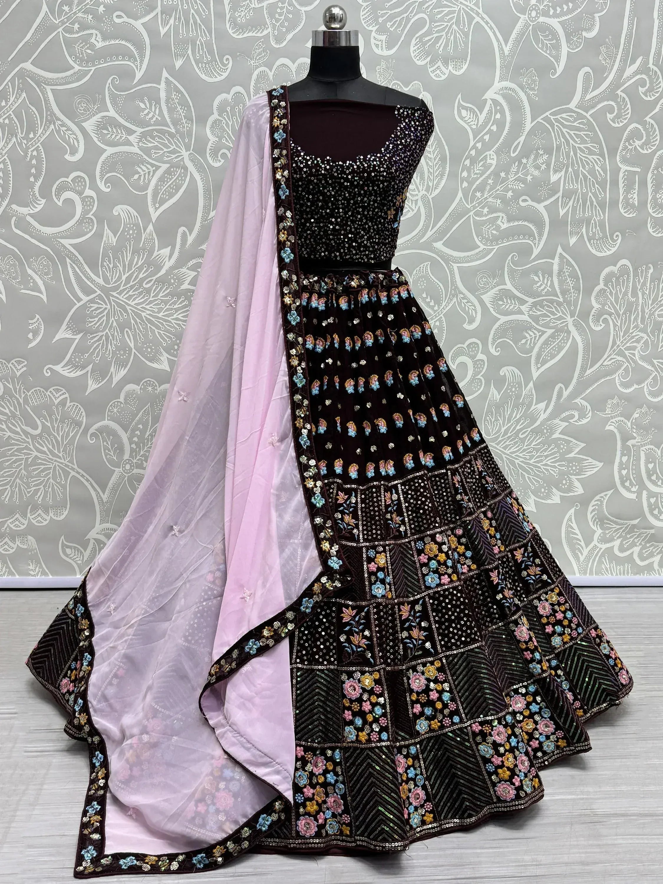 Dark velvet lehenga choli with floral embroidery and light pink dupatta, ethnic Indian wear