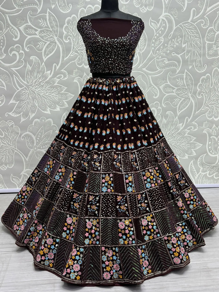 Amazing Wine Thread Work Georgette Reception Wear Lehenga Choli