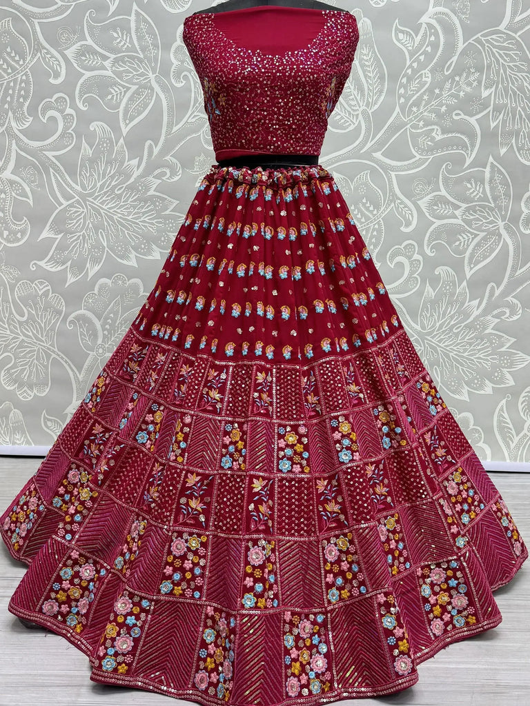 Excellent Red Thread Work Georgette Bridal Lehenga Choli With Dupatta