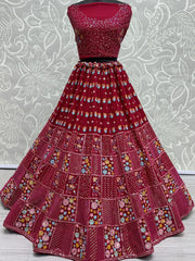 Excellent Red Thread Work Georgette Bridal Lehenga Choli With Dupatta