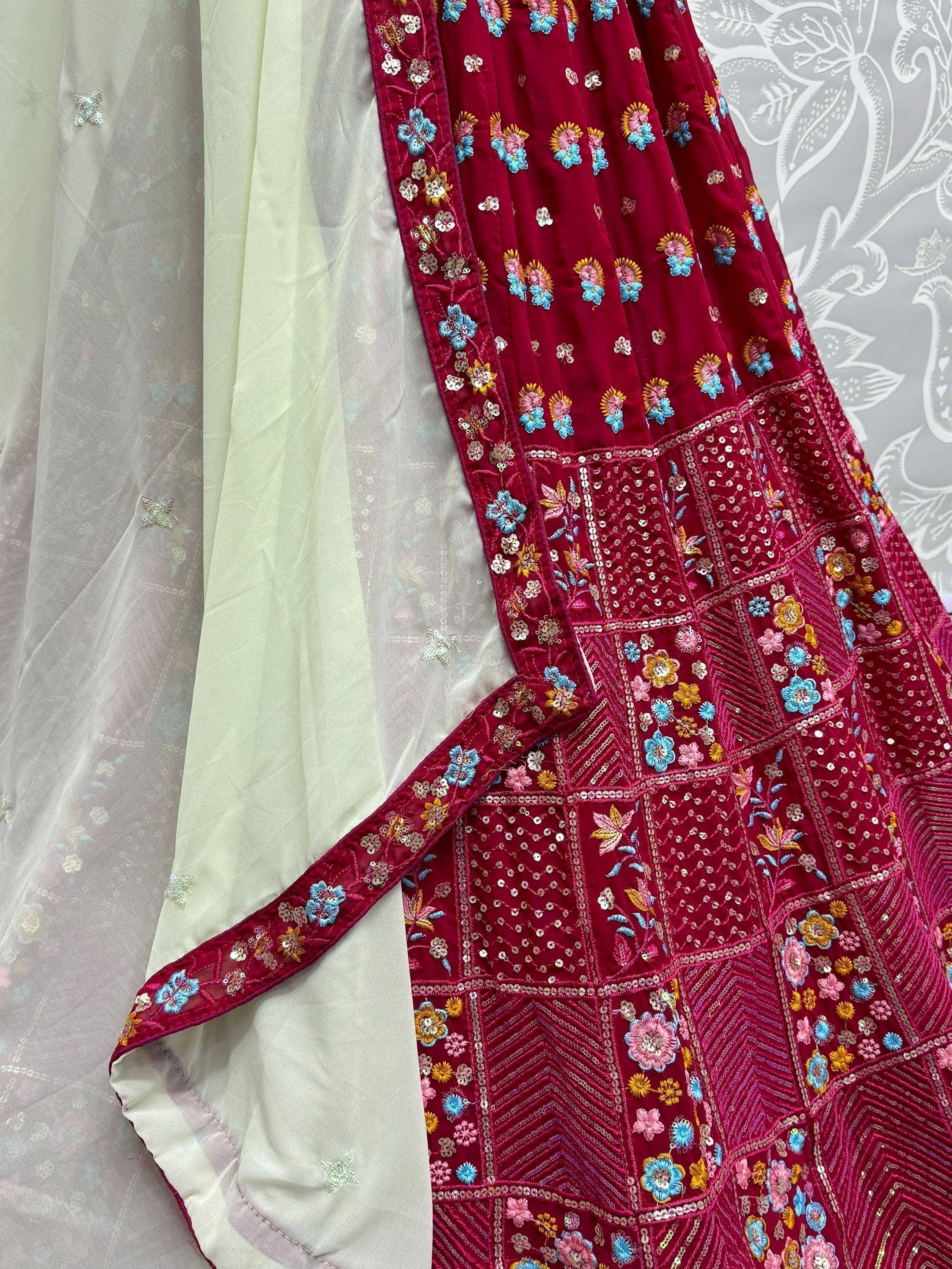 Maroon embroidered lehenga with floral motifs and sheer dupatta, Indian ethnic wear