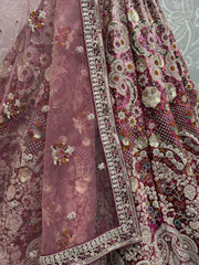 Beautiful Pink Thread Work Velvet Bridal Lehenga Choli With Dupatta