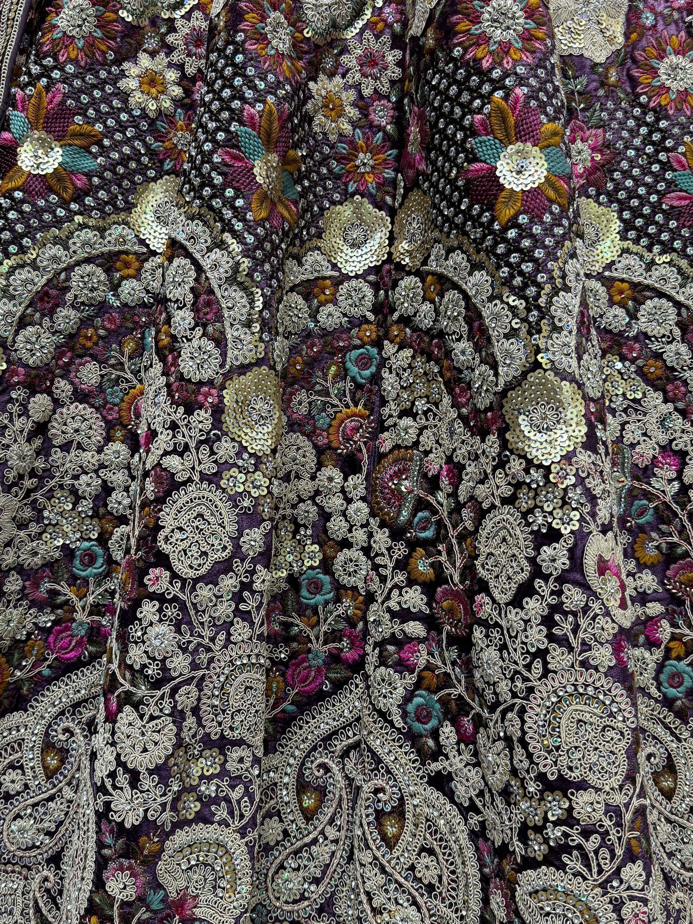 Purple ethnic gown with floral embroidery, sequins, and threadwork for Indian wear