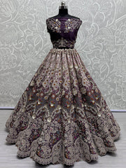 Gorgeous Purple Thread Work Velvet Bridal Lehenga Choli With Dupatta
