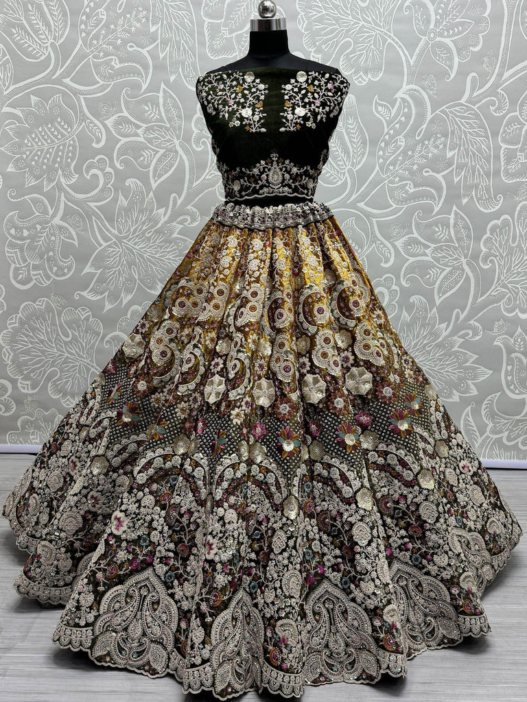 Stunning Olive Green Dori Work Velvet Bridal Lehenga Choli With Dupatta